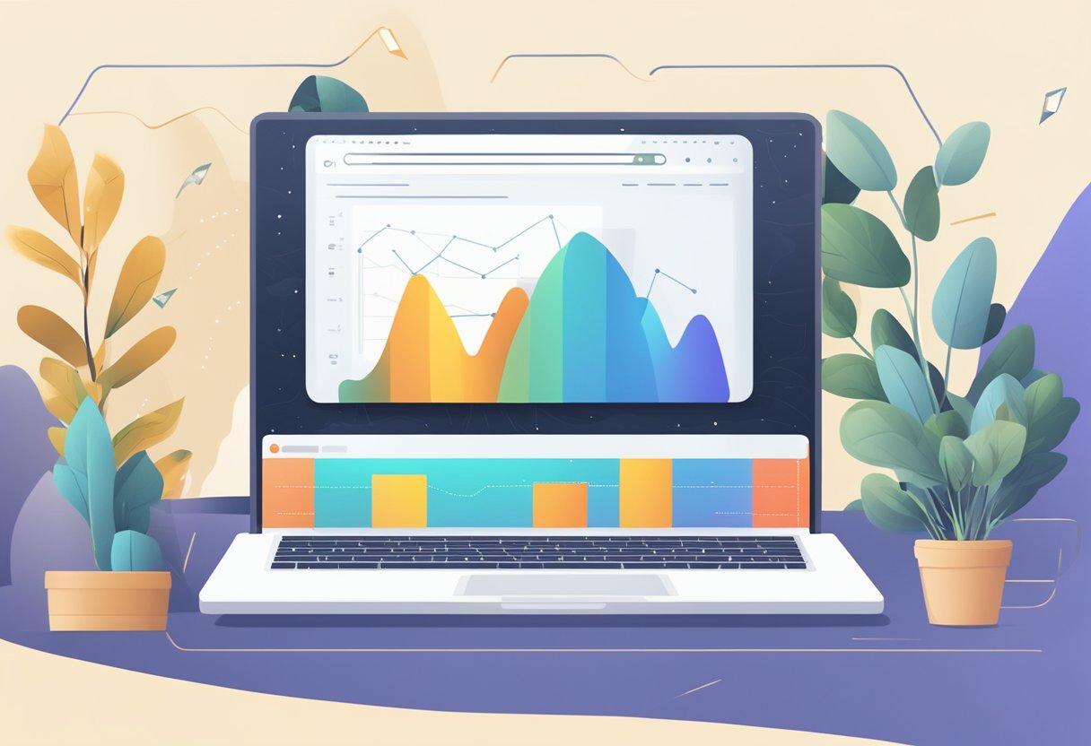 A laptop displaying a website with optimized on-page SEO elements, surrounded by growing plants and a chart showing organic growth