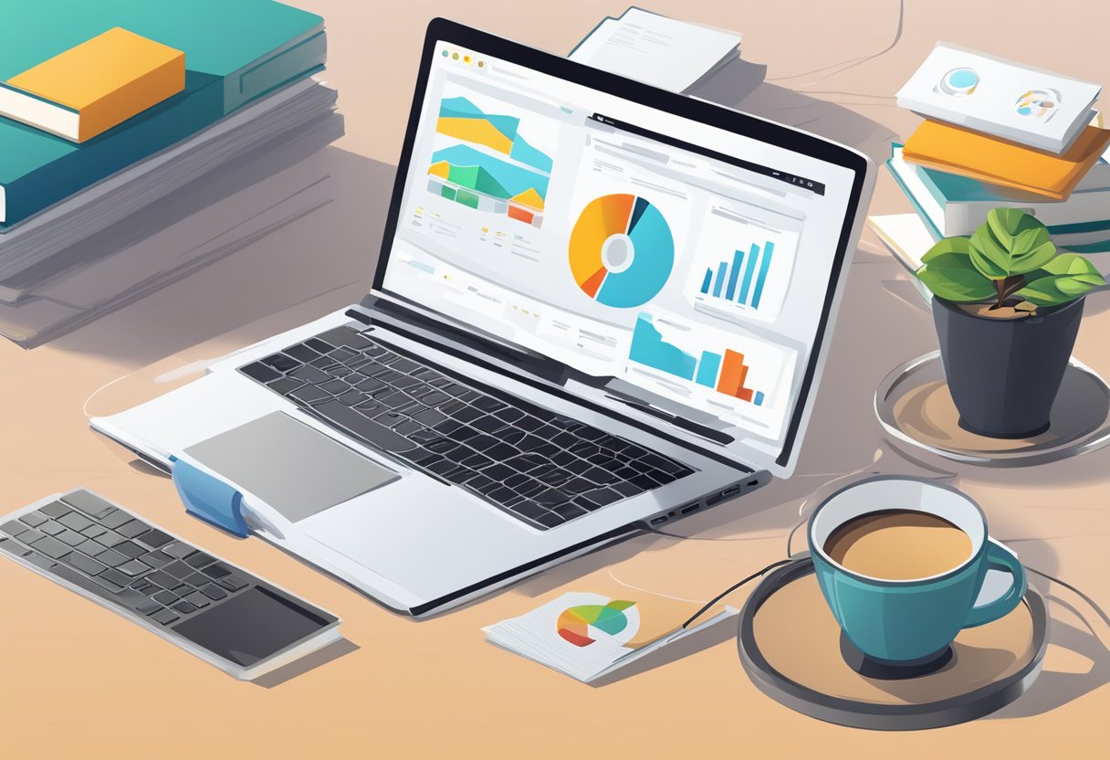 A laptop displaying a graph of website traffic, surrounded by books on SEO and marketing, with a cup of coffee nearby