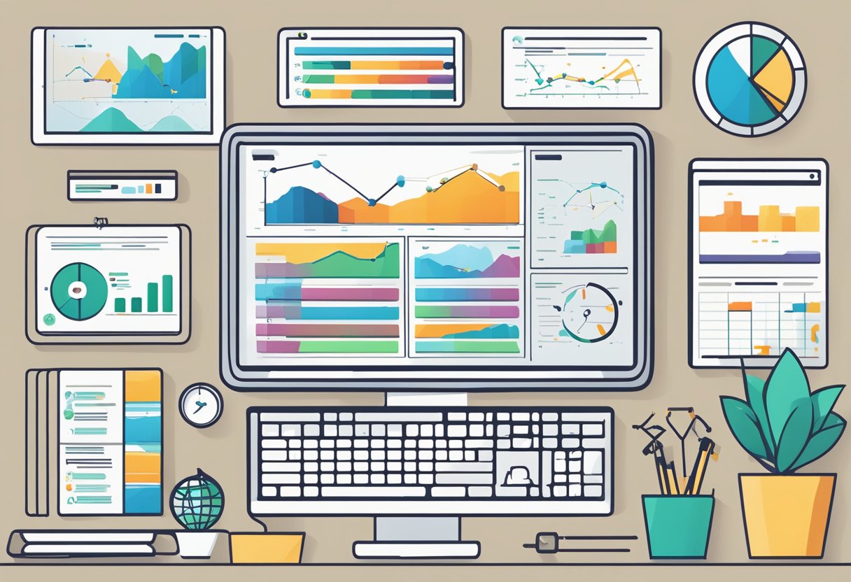 A computer screen displays a detailed SEO strategy framework, surrounded by charts and graphs, with the Finresi logo in the corner