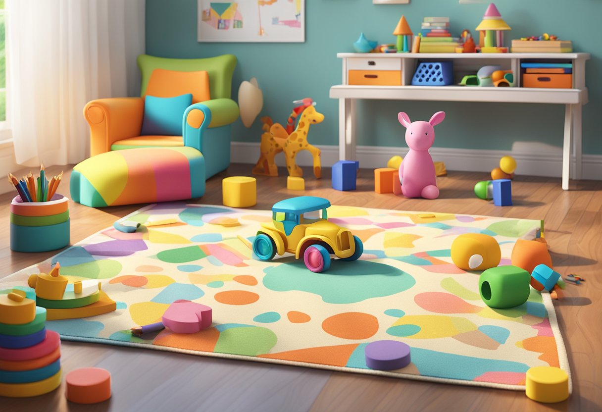 A group of colorful toys scattered across a soft, patterned rug in a bright, sunlit room. A small table with crayons and paper sits nearby