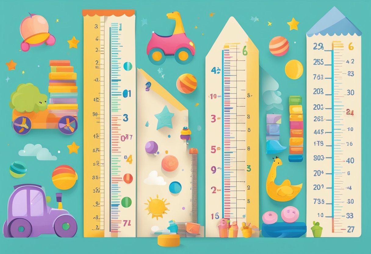 A colorful growth chart with height and weight milestones, surrounded by playful toddler toys and books