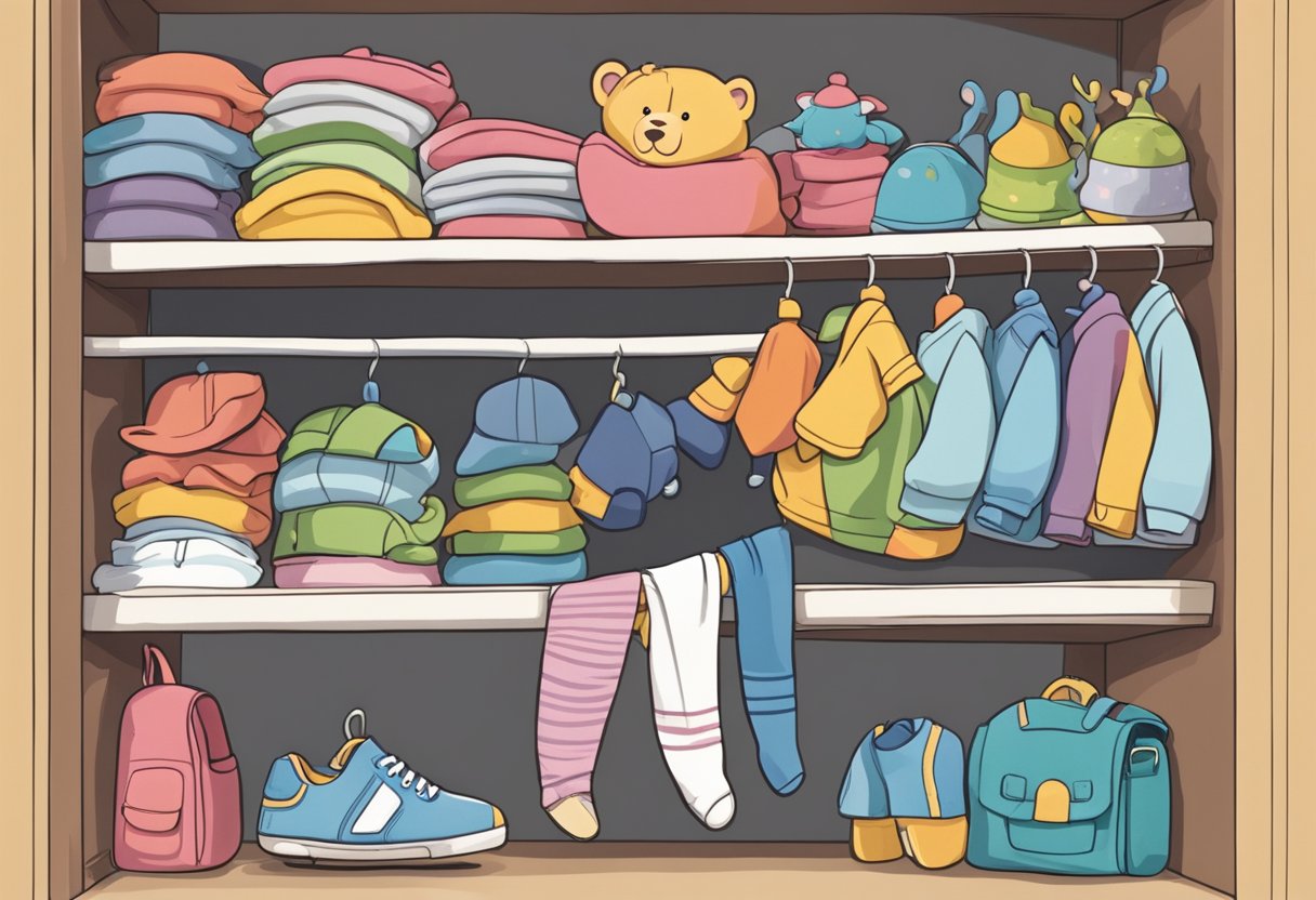 A toddler's clothes hanging loosely as they reach for a toy on a high shelf, showing their growth spurts and physical changes