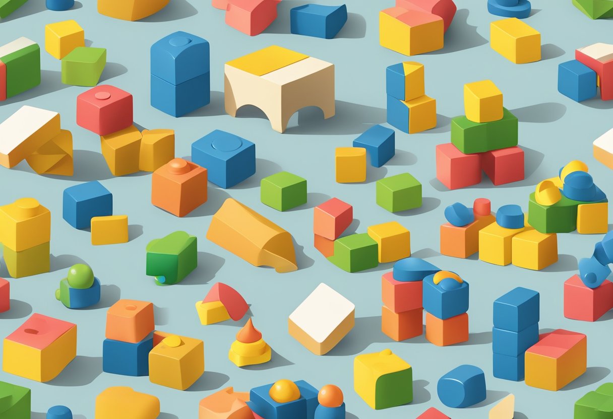 A toddler's toys scattered on the floor, with a few stacked blocks and a partially completed puzzle