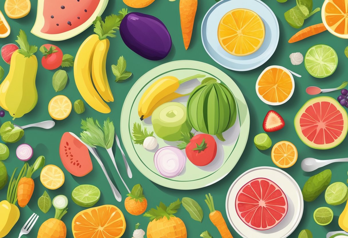 A group of colorful fruits and vegetables arranged in a playful and inviting manner, surrounded by child-friendly plates and utensils