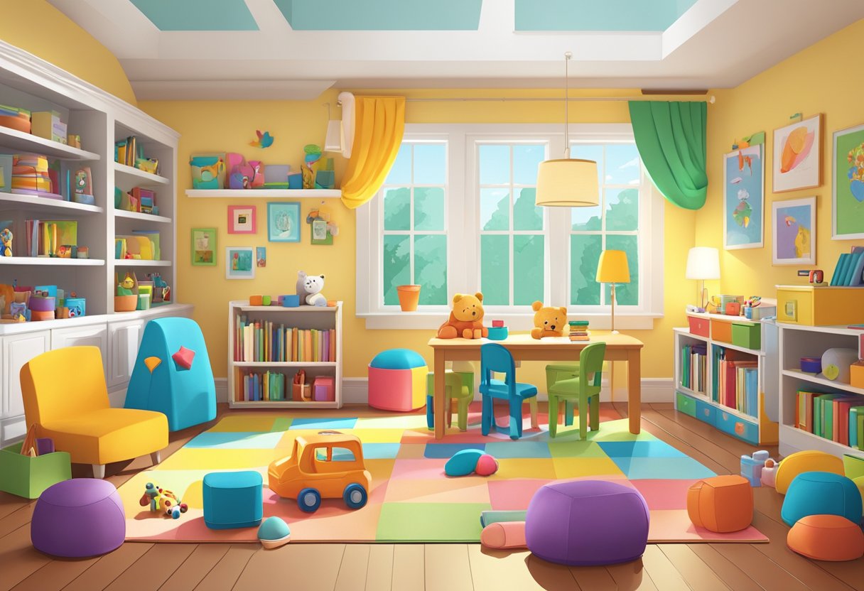 A colorful array of toys and books scattered across a bright, spacious room with child-sized furniture. A small table set with art supplies and a cozy reading nook complete the inviting space