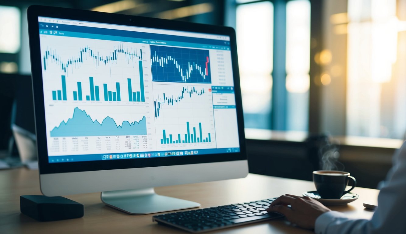 A computer screen displaying stock market graphs and charts, with a keyboard and mouse nearby. A cup of coffee sits on the desk