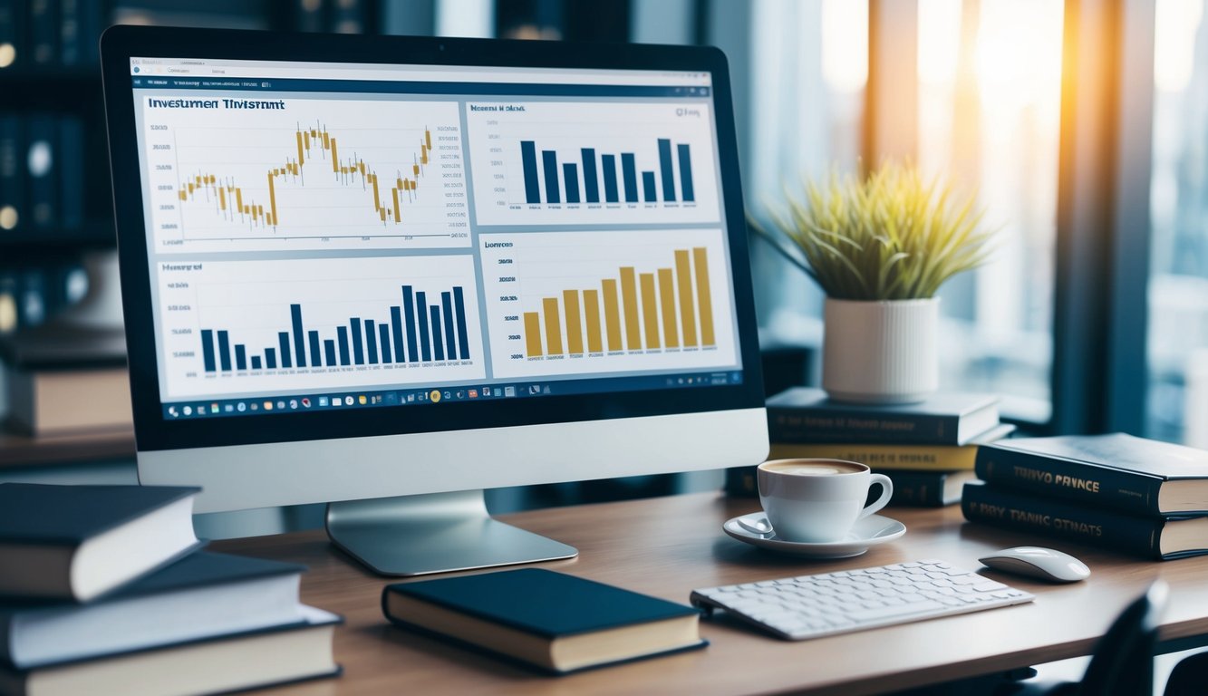 A computer screen displaying gold investment charts and graphs, surrounded by books on trading and finance, with a cup of coffee on the desk