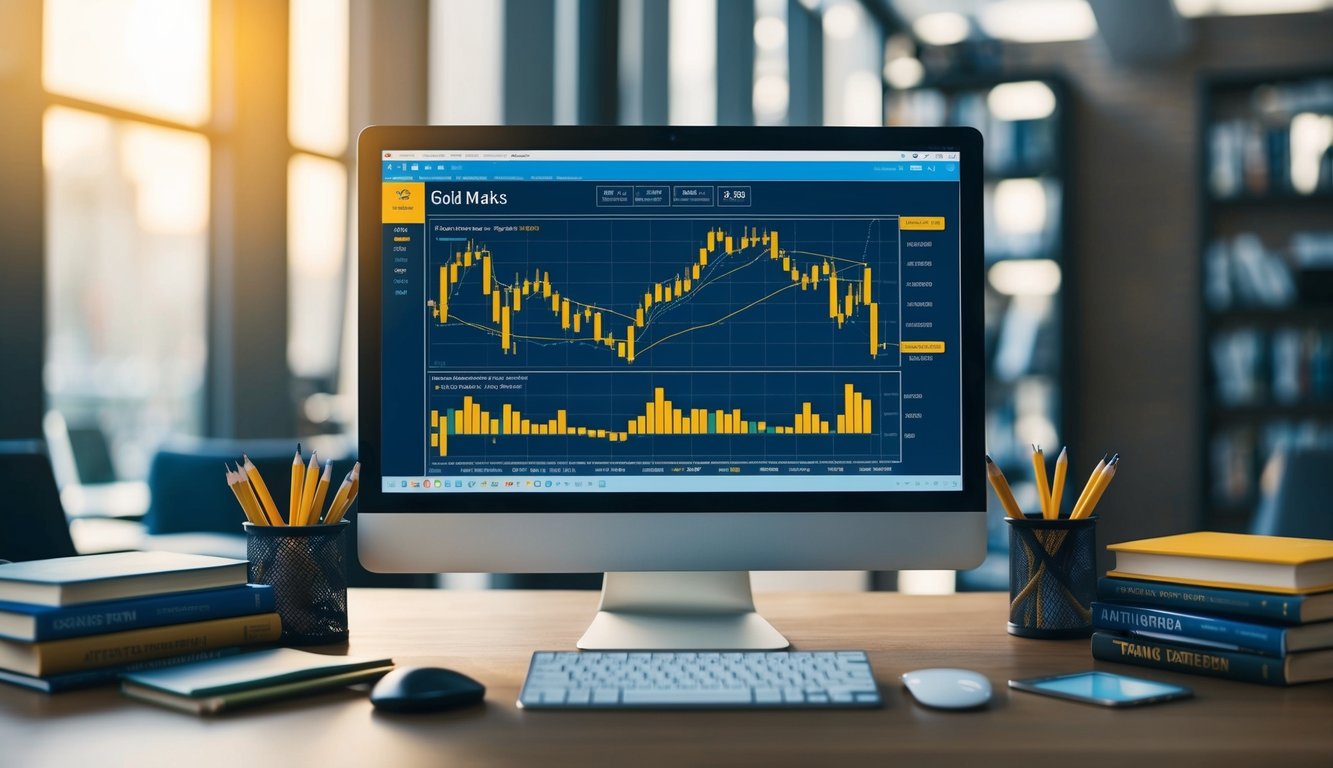 A computer screen displaying gold market charts and analysis tools, surrounded by books on trading and investing