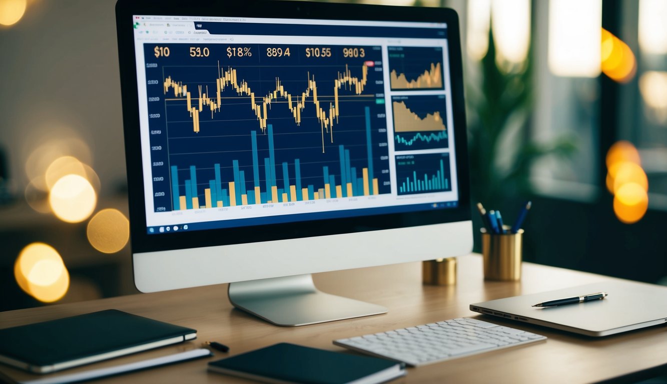 A computer screen displaying fluctuating gold prices with various charts and graphs, surrounded by a desk with a laptop, notebook, and pen