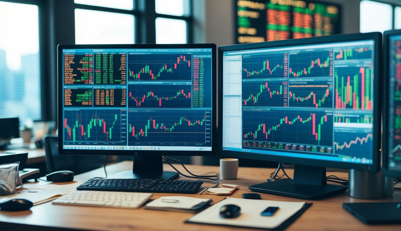 A cluttered desk with a computer, charts, and financial data. Multiple screens displaying stock market information and trading platforms