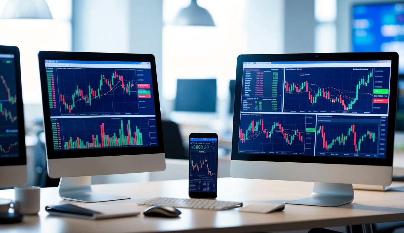 Multiple computer screens showing various stock charts and trading platforms, with a mix of beginner-friendly and professional tools. Bright, modern office setting