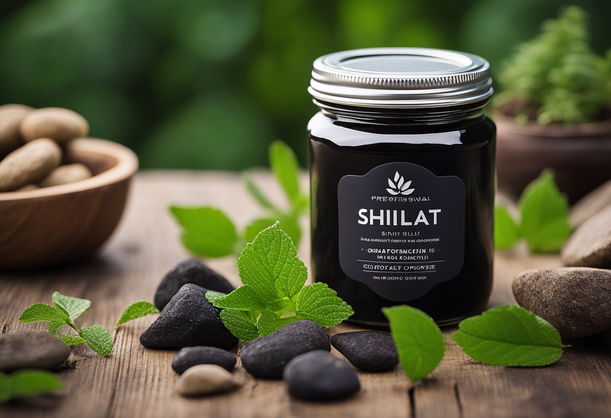 A jar of shilajit powder sits on a rustic wooden table, surrounded by small rocks and a few scattered green leaves