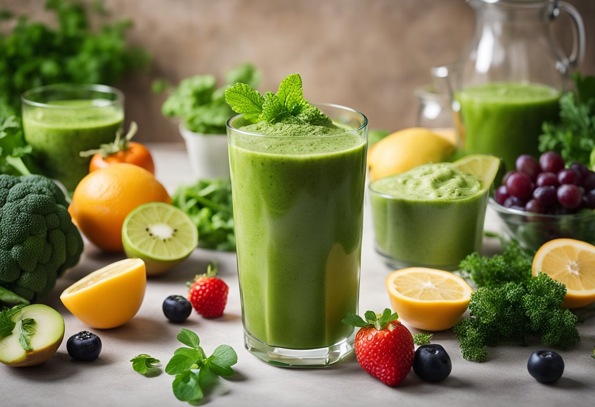 A glass of green smoothie with Irish Moss, surrounded by fresh fruits and vegetables