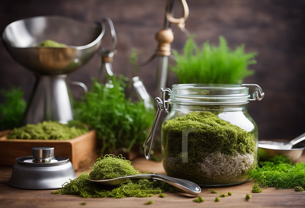 A glass jar filled with Irish moss surrounded by measuring spoons and a scale