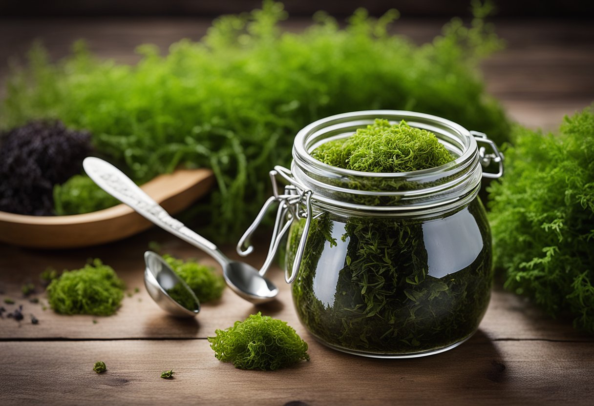 A jar of Irish moss surrounded by fresh green seaweed and a measuring spoon on a wooden table