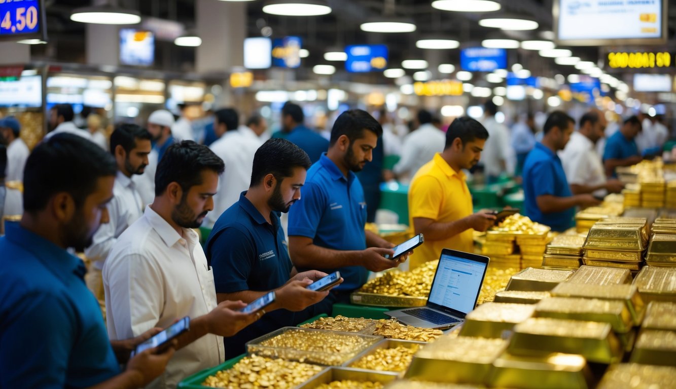 A bustling Dubai gold market with traders browsing and negotiating prices, while others are seen conducting online transactions on their devices