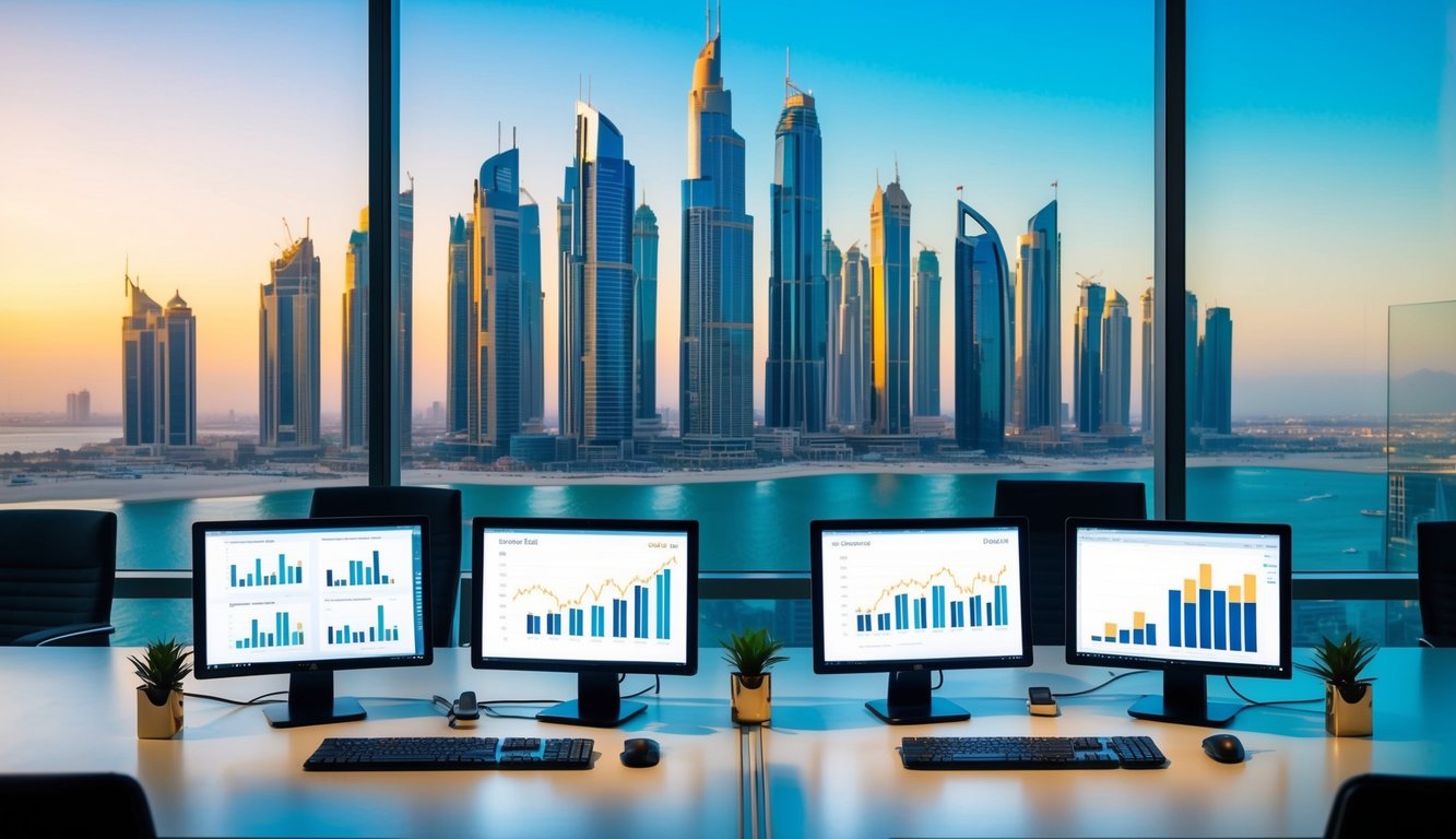 A bustling Dubai skyline with gold trading graphs and charts displayed on computer screens in a modern office setting