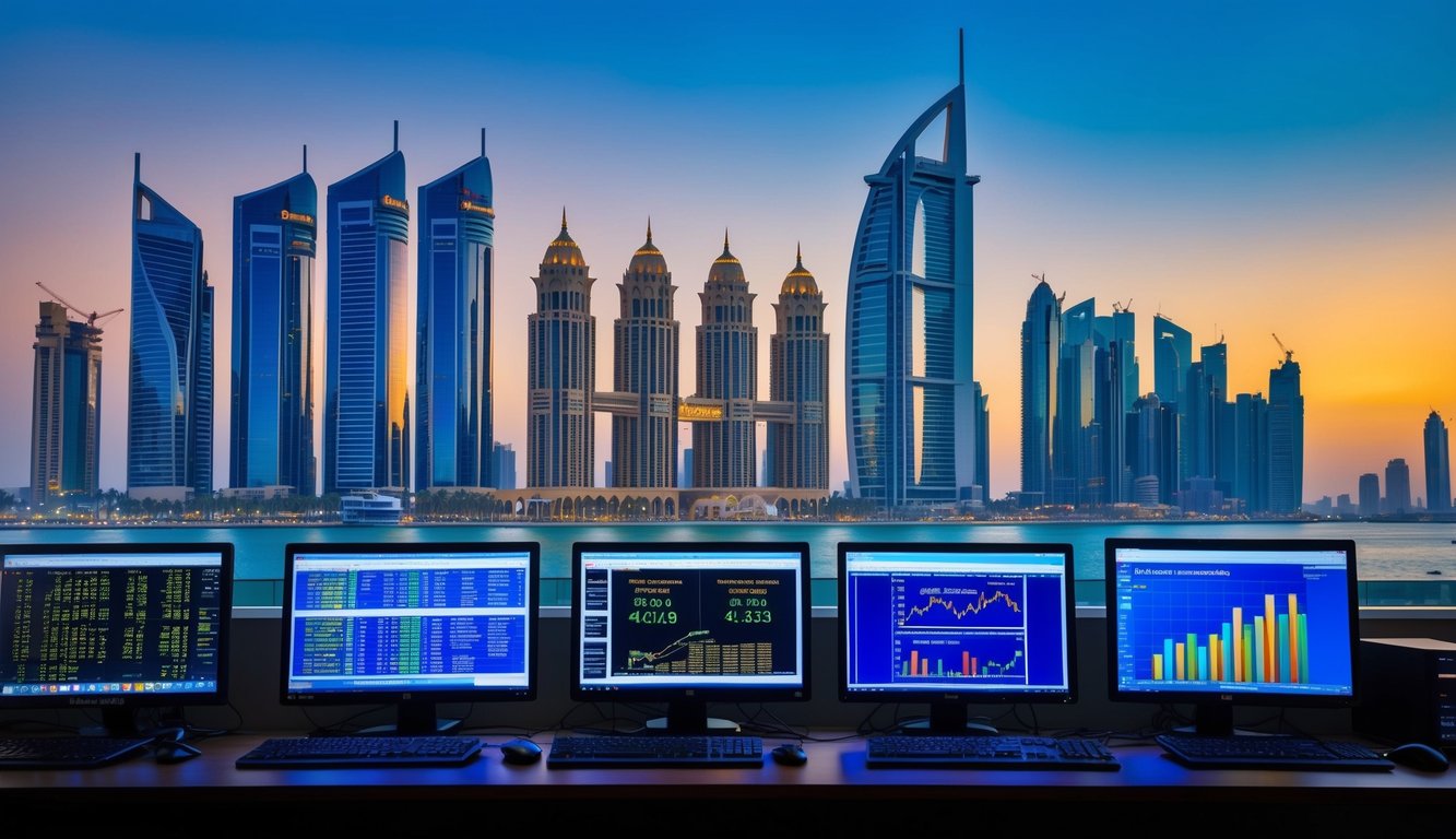 A bustling Dubai skyline with gold market data displayed on computer screens, while online traders analyze investment strategies and risk management