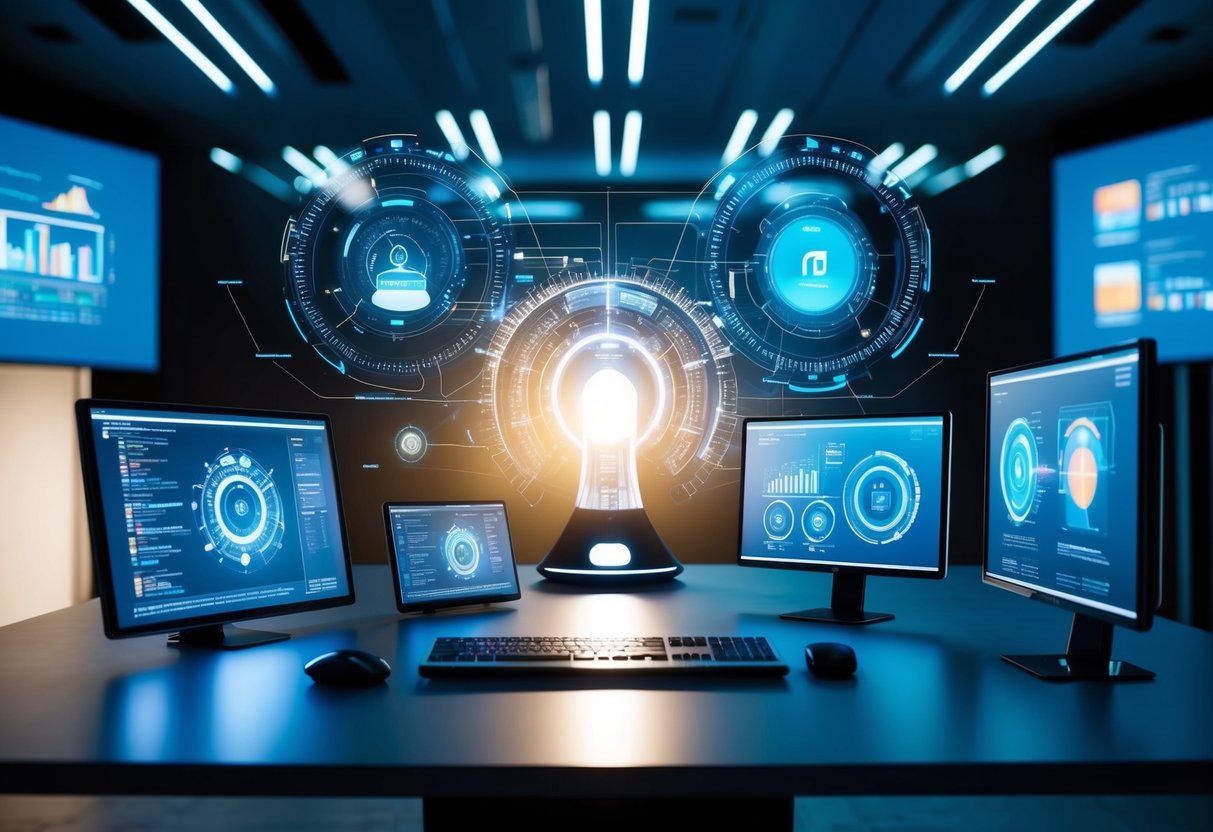 A futuristic AI system creating digital content in a sleek, high-tech studio environment. Multiple screens display complex algorithms and data visualizations