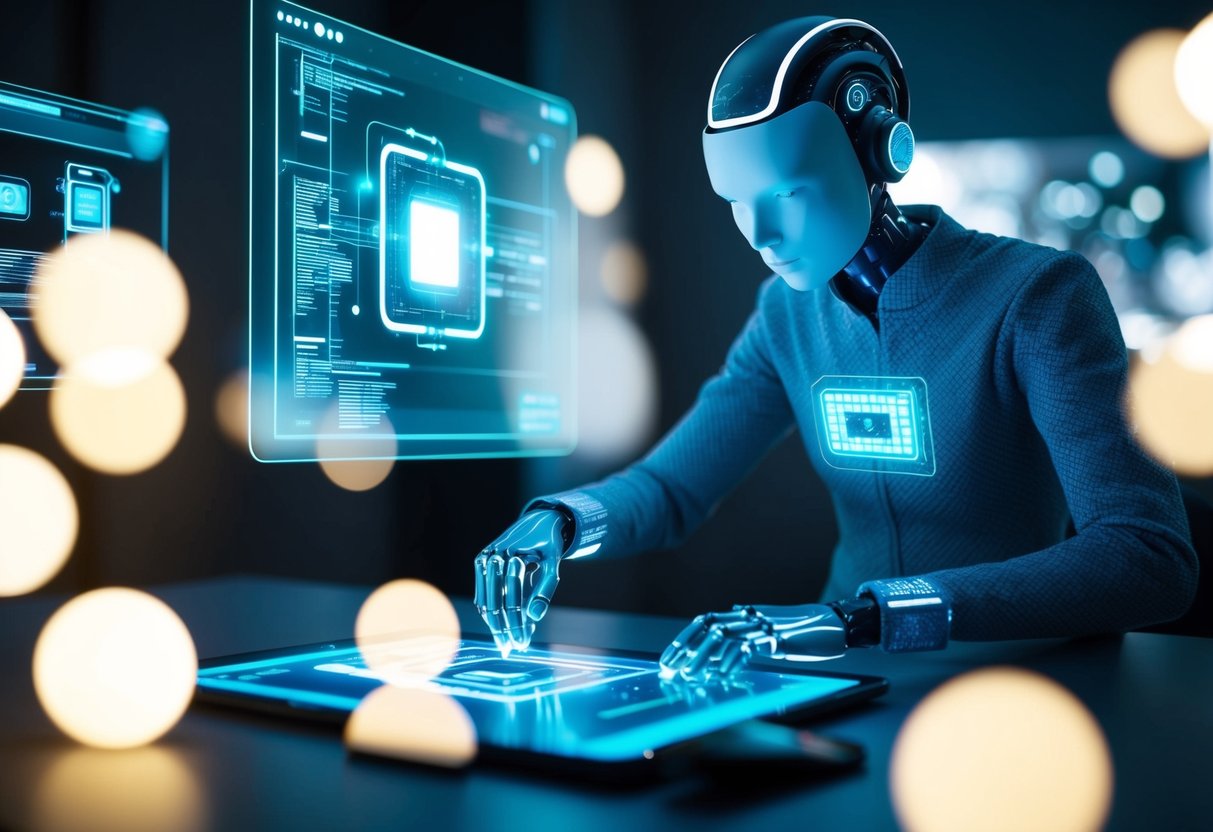 A futuristic AI creating digital art, surrounded by glowing screens and holographic projections, showcasing the revolution of creativity in content creation