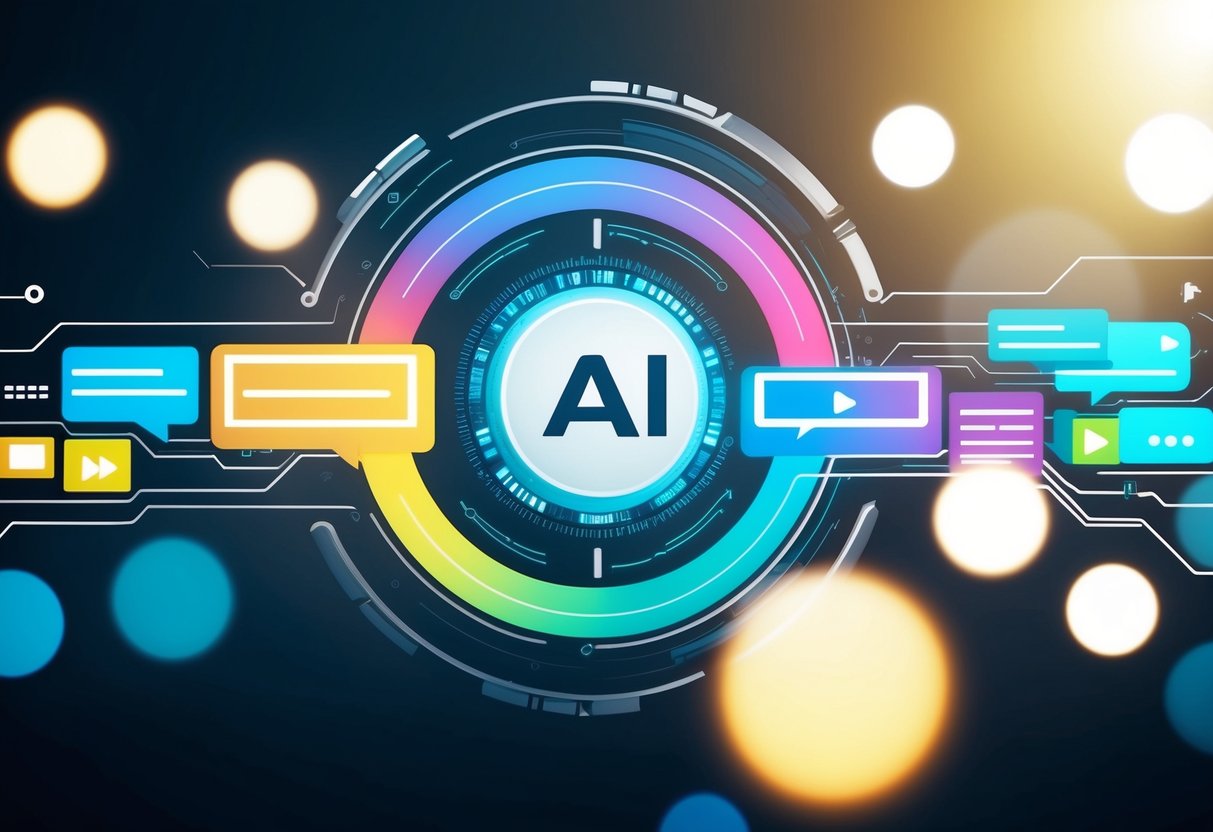 A futuristic AI generating personalized content for a seamless user experience. Vibrant colors and dynamic shapes symbolize innovation and revolution in content creation