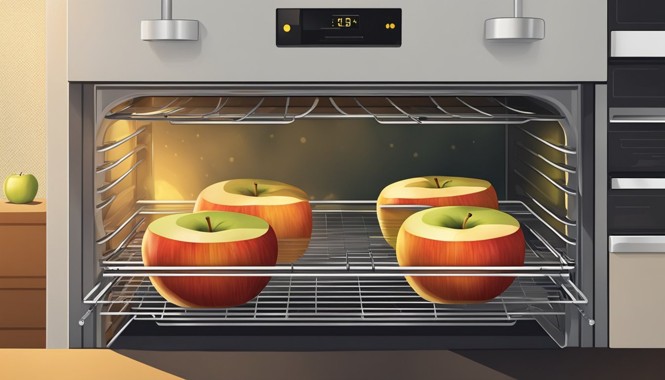 Slices of apples arranged on a wire rack inside a warm oven, with the door slightly ajar to allow moisture to escape