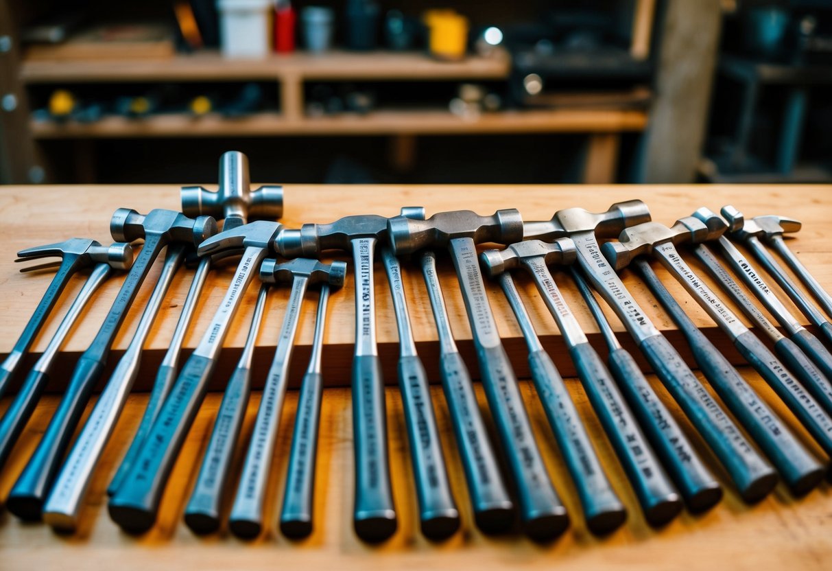 A variety of hammers arranged neatly on a wooden workbench, with each type clearly labeled and organized for easy reference