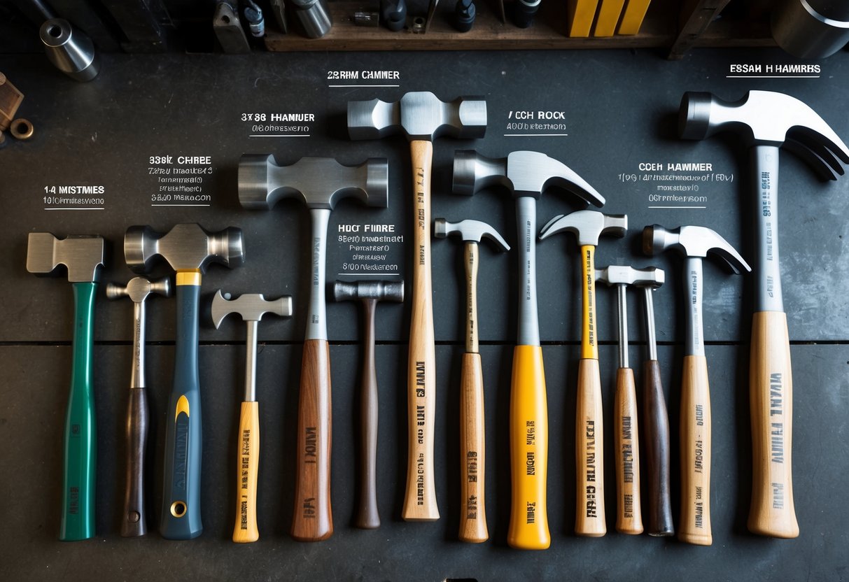 A variety of hammers laid out on a workbench, showcasing different sizes, shapes, and materials. Each hammer is labeled with its specific construction and features