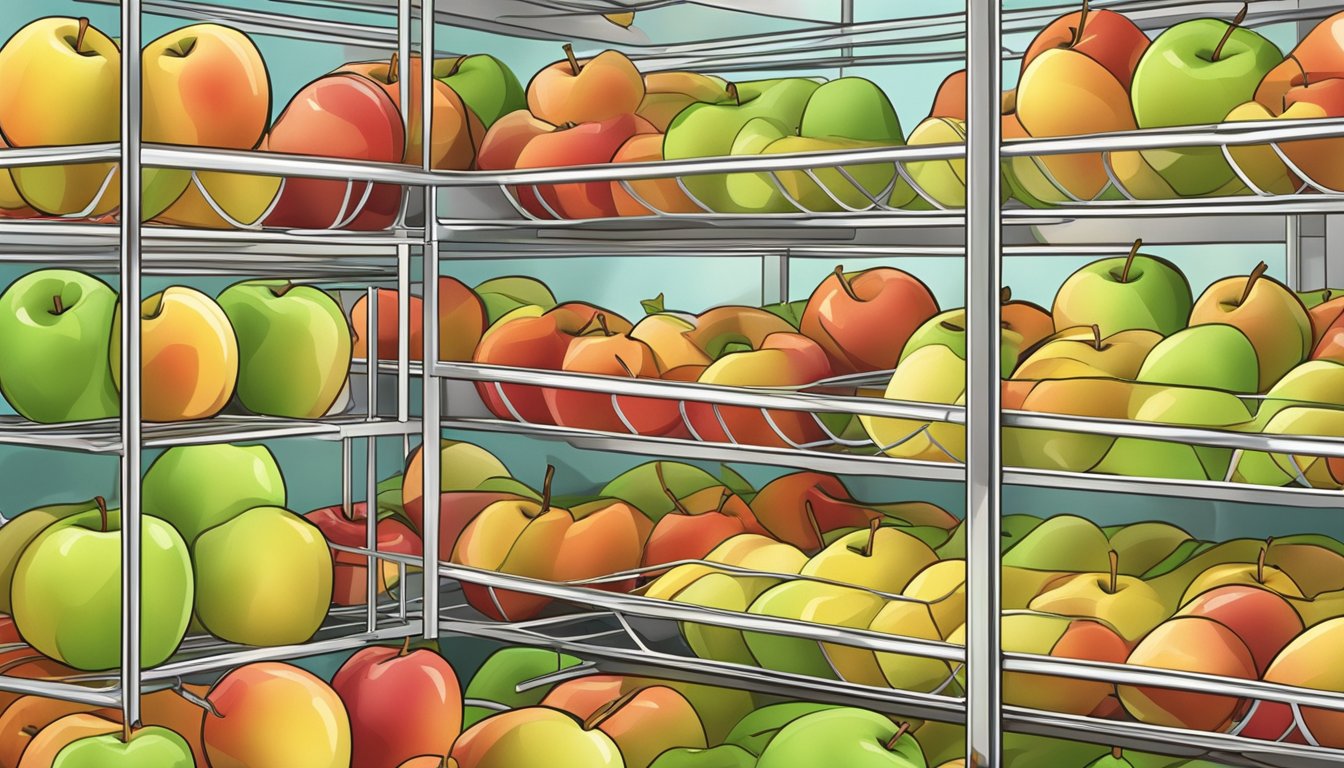 Fresh apple slices arranged on wire racks in an open oven, with warm air circulating to dehydrate them