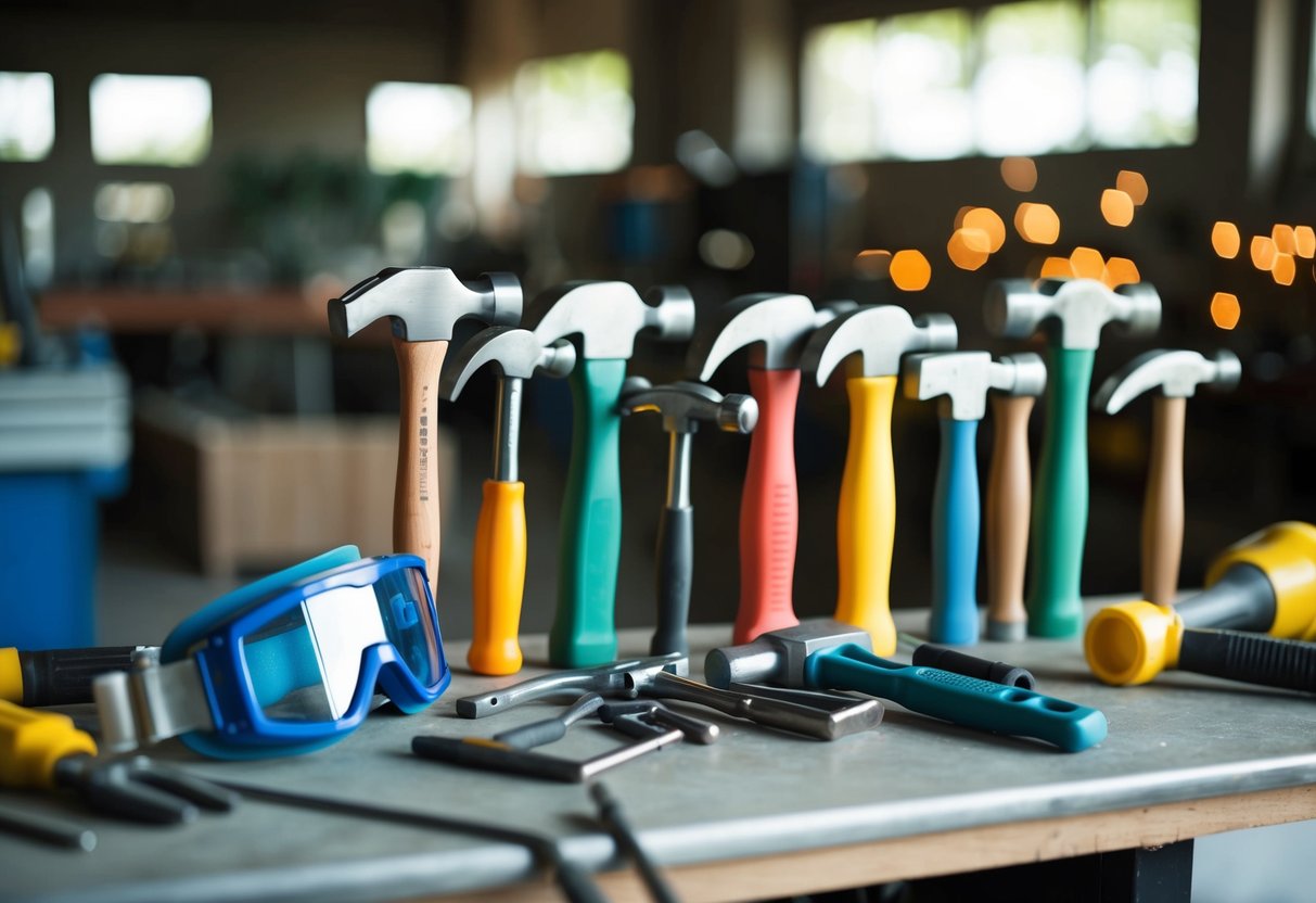 A workbench with various types of hammers neatly arranged, alongside safety goggles and maintenance tools