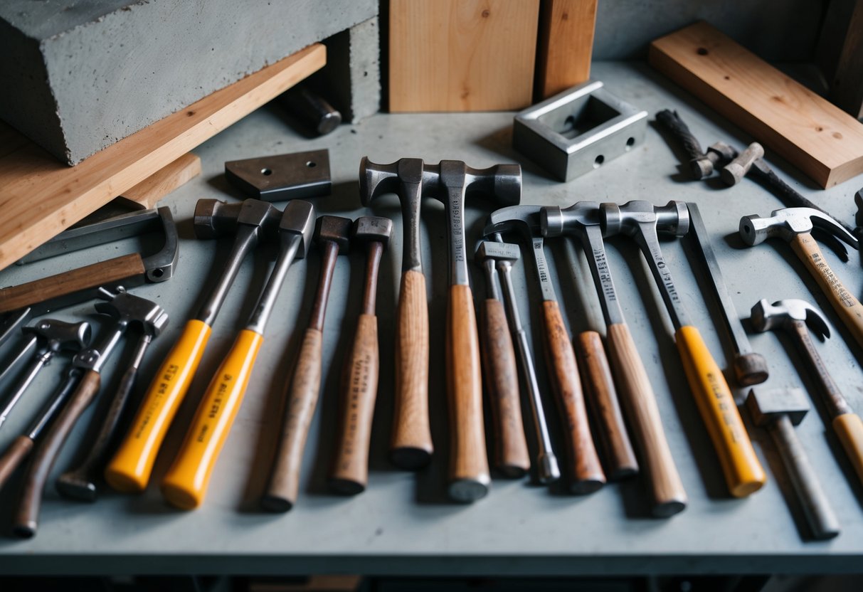 A workbench with various types of hammers neatly arranged, surrounded by different materials such as wood, metal, and concrete