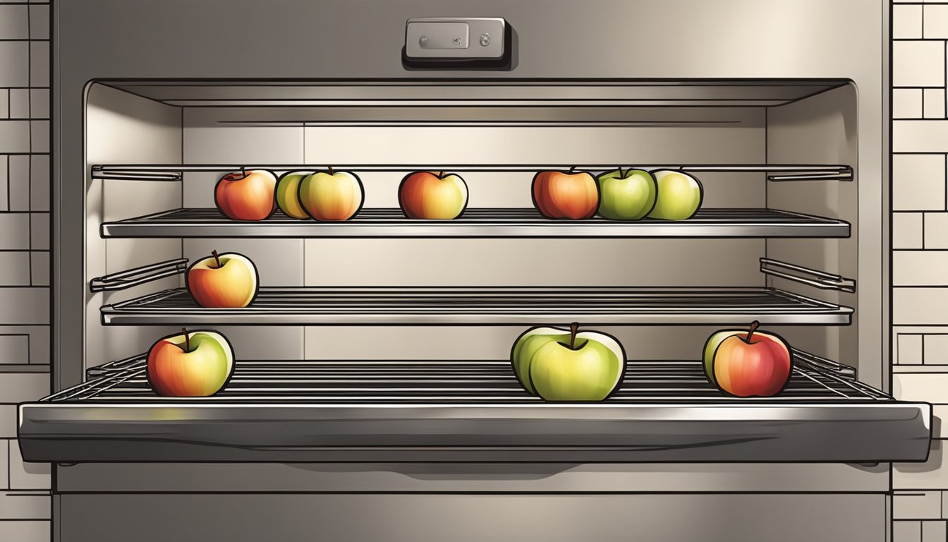 Sliced apples arranged on wire racks inside a warm oven