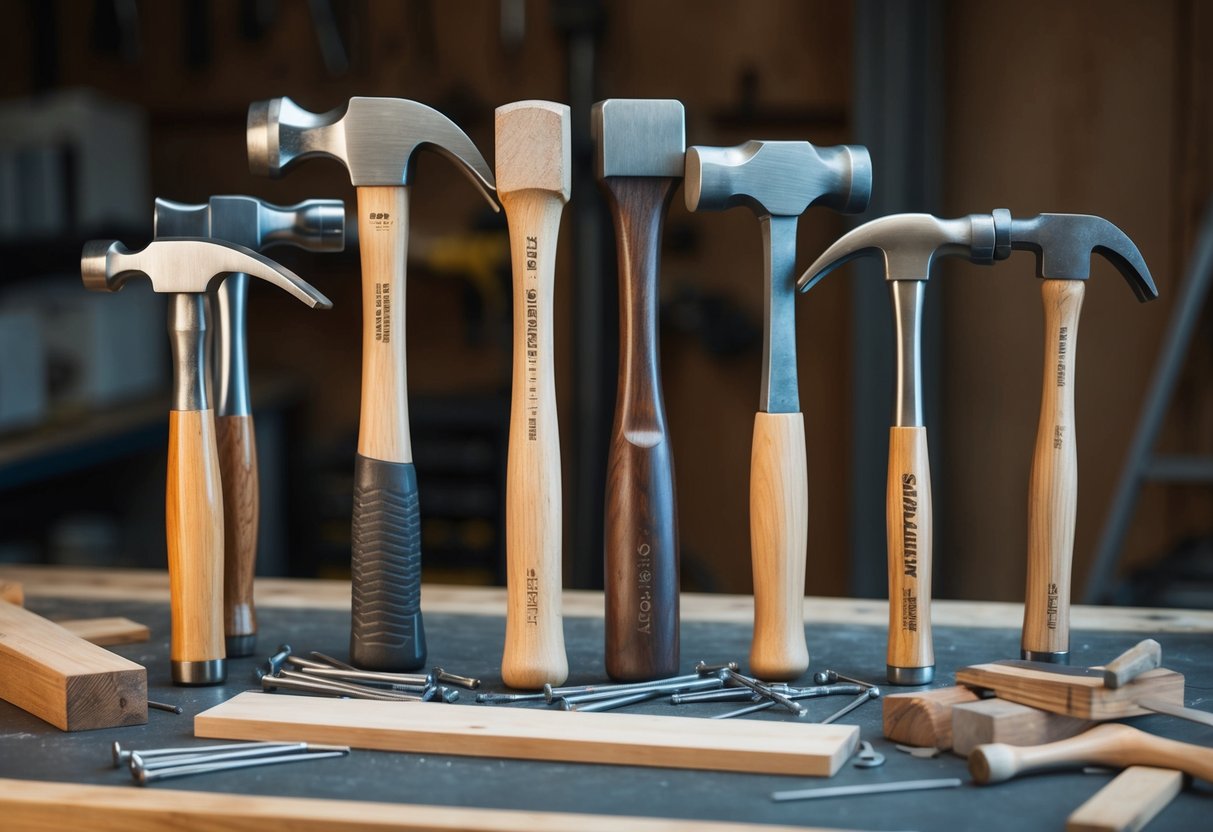 A variety of hammers laid out on a workbench, including claw, ball-peen, sledge, and framing hammers, with nails and wood scattered around