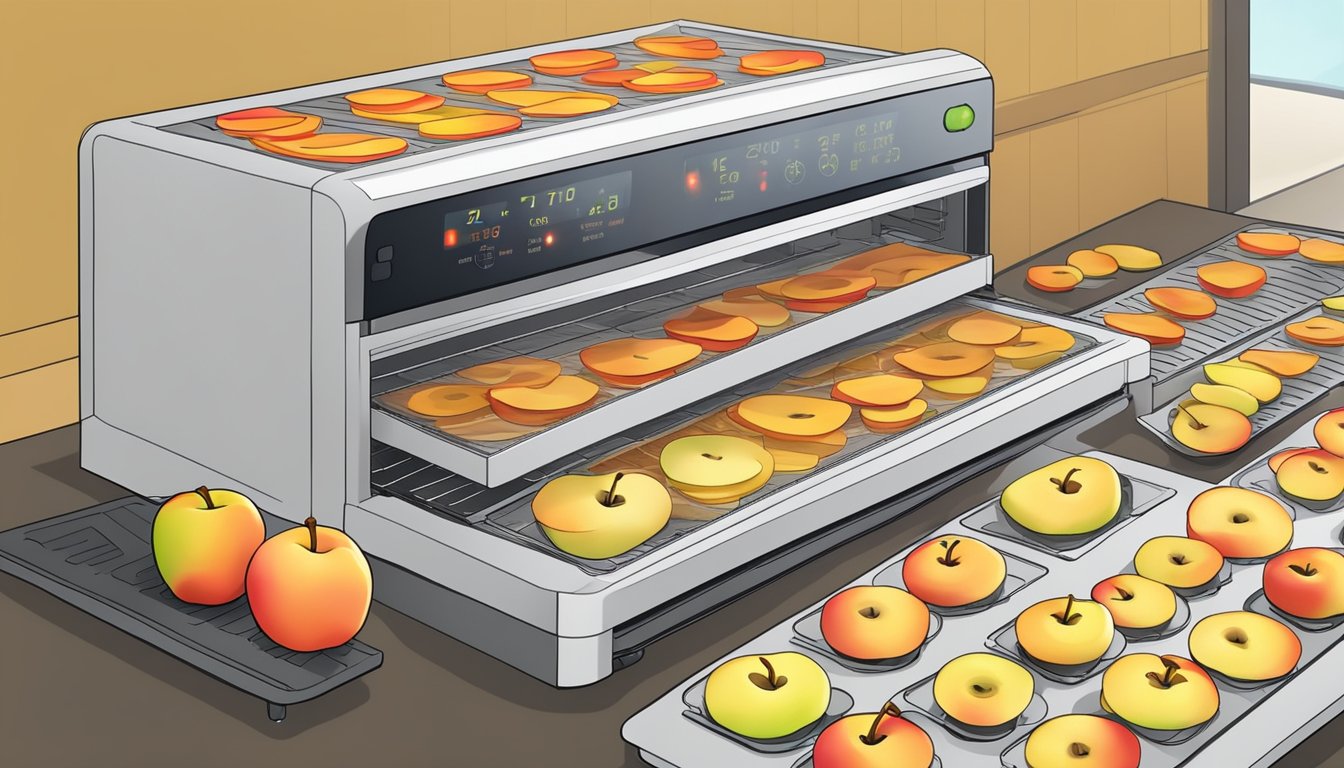 Fresh apple slices arranged on dehydrator trays, with the machine's temperature and timer settings visible