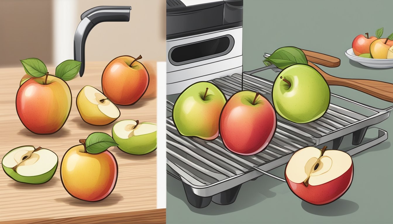 Fresh apples arranged on a cutting board, being sliced into thin rounds and then placed on the air fryer tray for dehydration