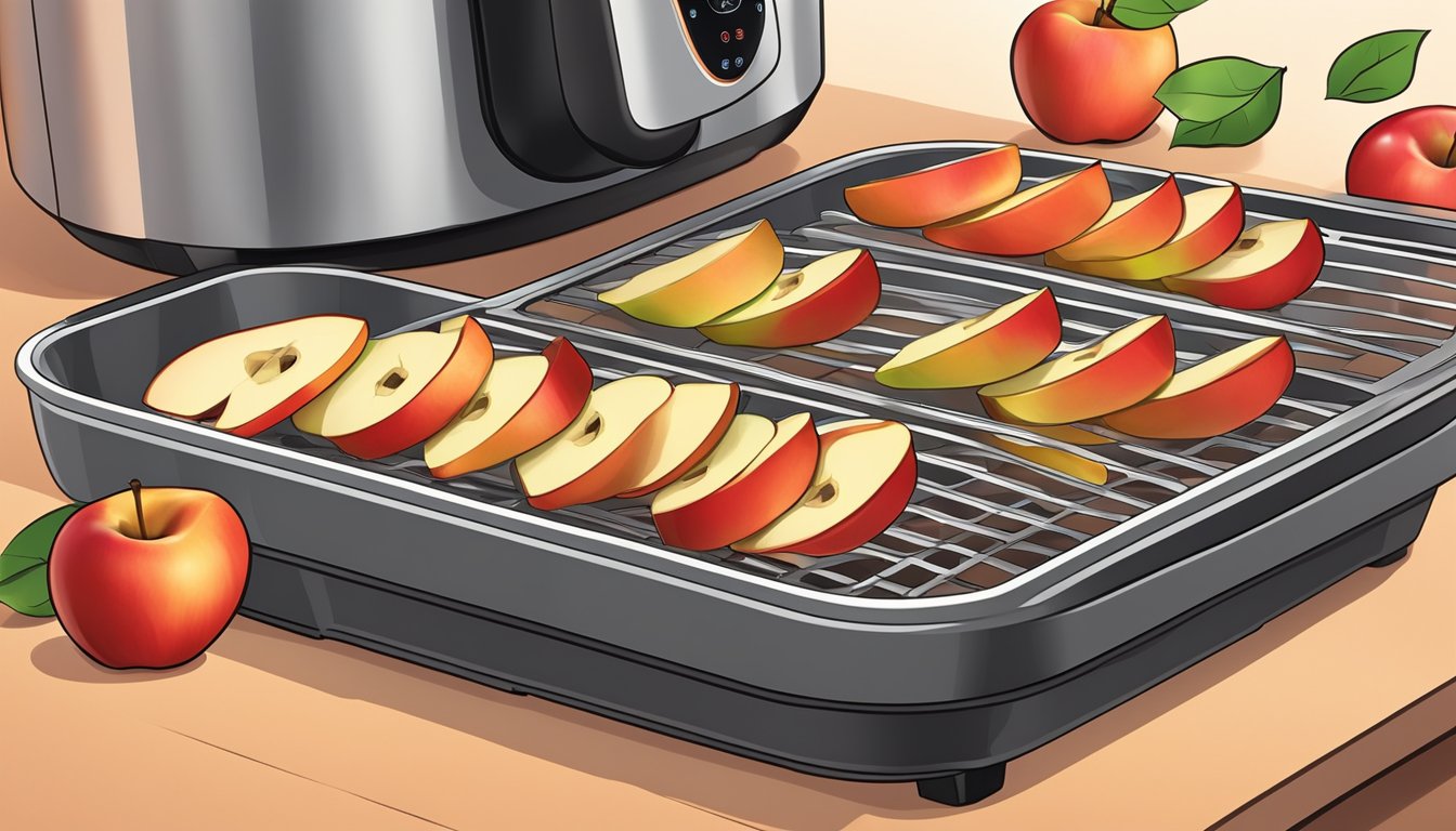 Fresh apple slices arranged on air fryer trays, with the machine set to dehydrate mode. The warm glow of the air fryer illuminates the fruit as it slowly dries out