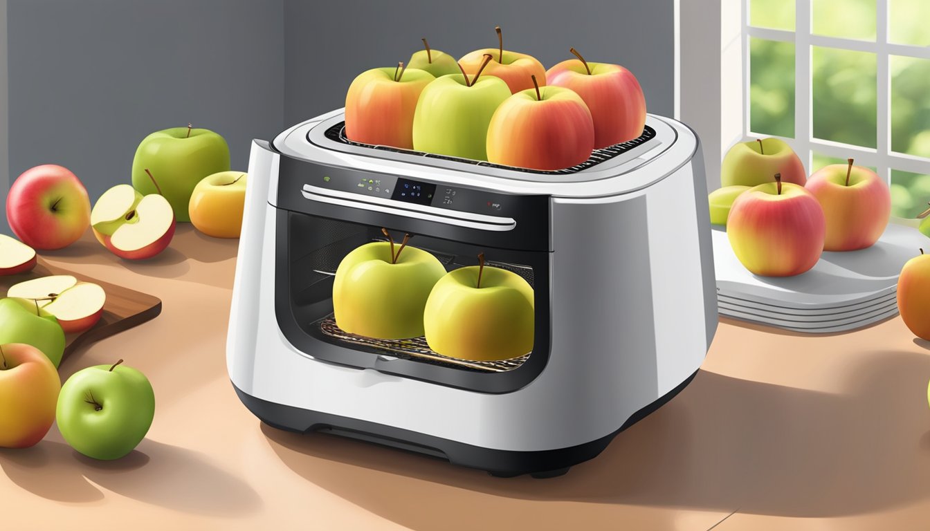 Fresh apples arranged in a single layer inside an air fryer, with the machine set to low heat for several hours until the slices are dehydrated