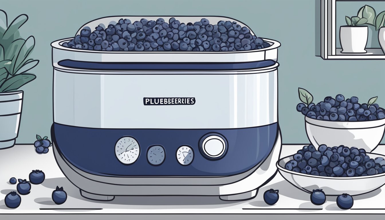 A bowl of plump blueberries sits beside a dehydrator. The machine hums softly as it slowly dries the fruit, releasing a sweet, fruity aroma