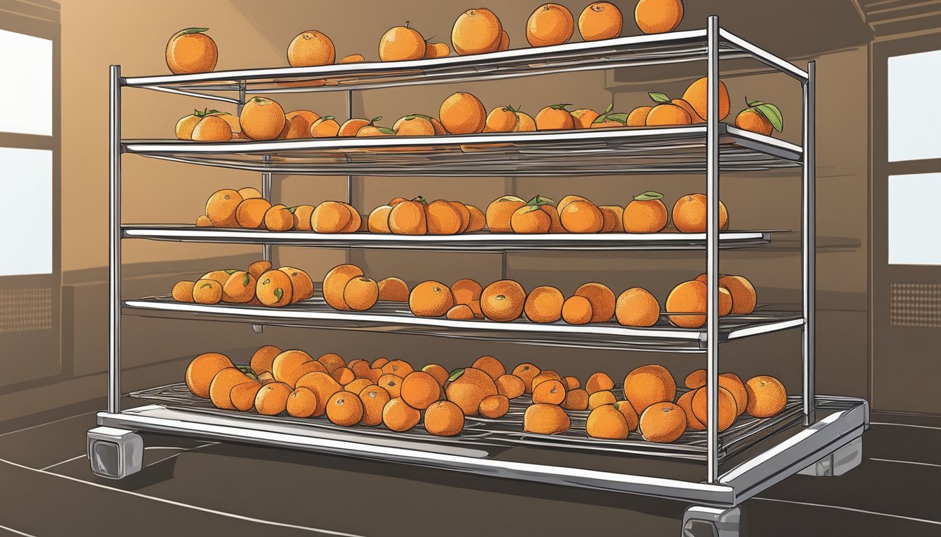 Fresh oranges sliced and arranged on wire racks in a preheated oven, with warm air circulating to slowly dehydrate the fruit