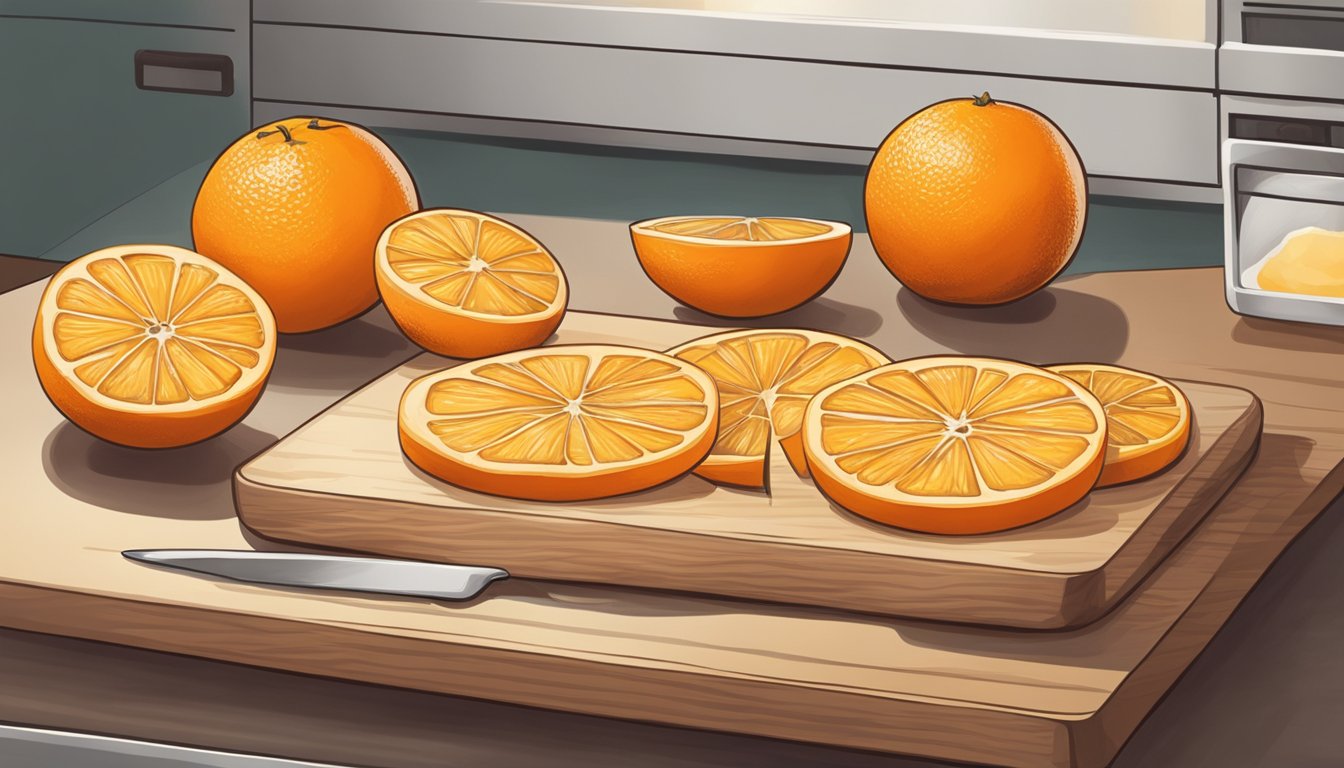 Oranges being sliced into thin rounds on a cutting board, with a baking sheet and oven in the background