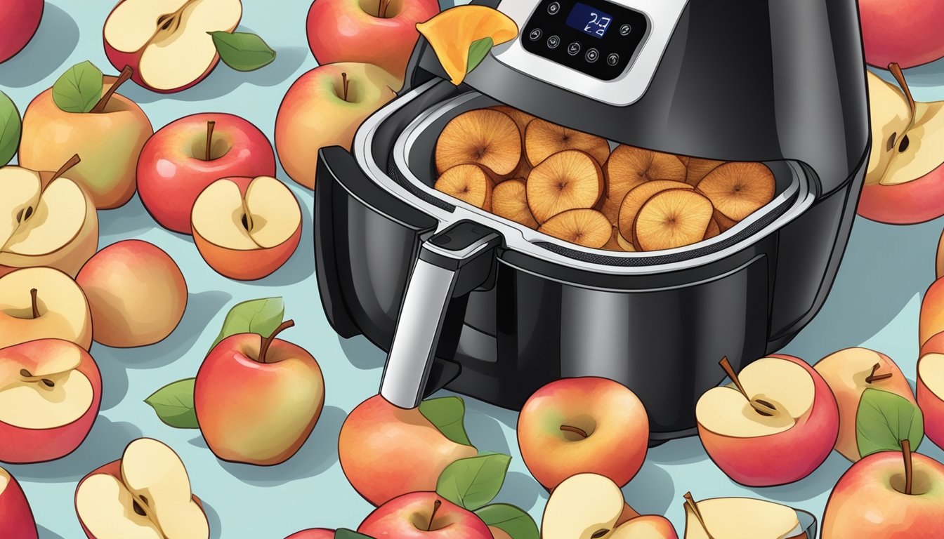 Fresh apple slices arranged in a single layer inside the ninja air fryer, with a sprinkle of cinnamon and sugar on top