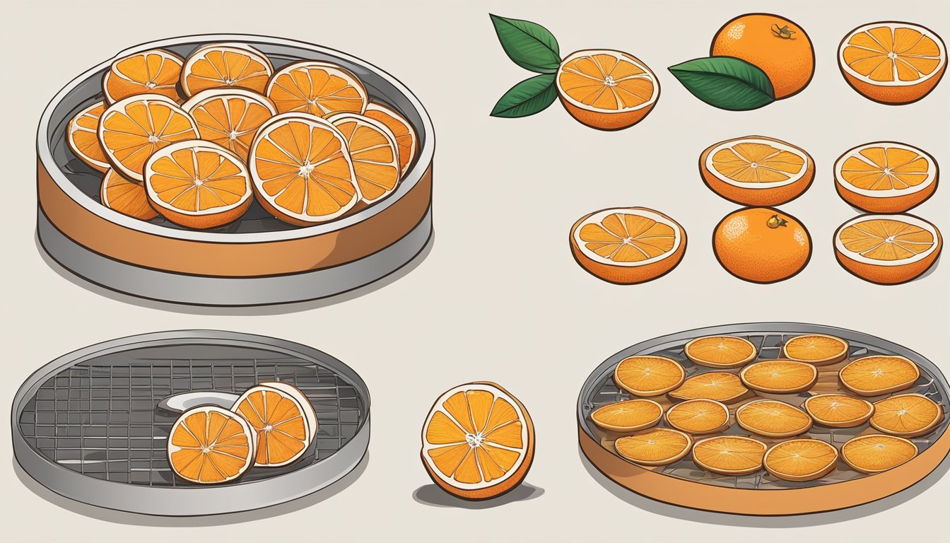 Oranges being sliced into thin rounds, arranged on a dehydrator tray, and set to dry