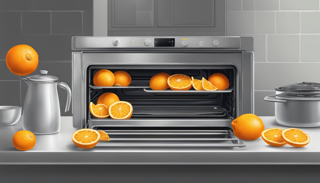 Oranges sliced on baking sheet, oven door open, heat waves rising