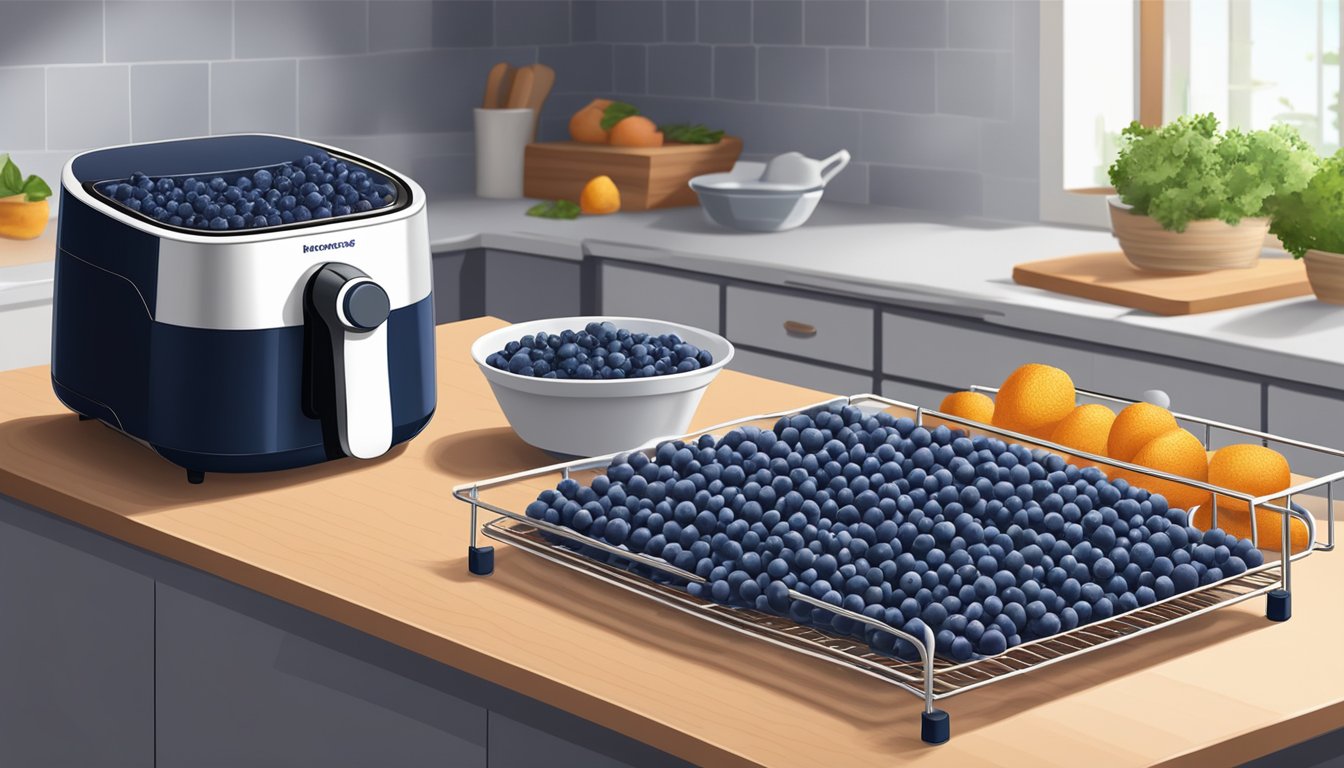 Fresh blueberries arranged on a wire rack inside an air fryer, with the appliance set to a low temperature for the dehydration process