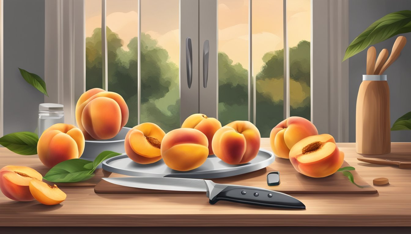 A table with fresh peaches, a knife, and a cutting board, with a dehydrator in the background