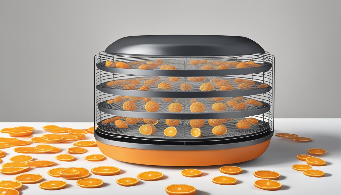 Fresh oranges sliced into thin rounds laid out on a wire rack, placed in a food dehydrator