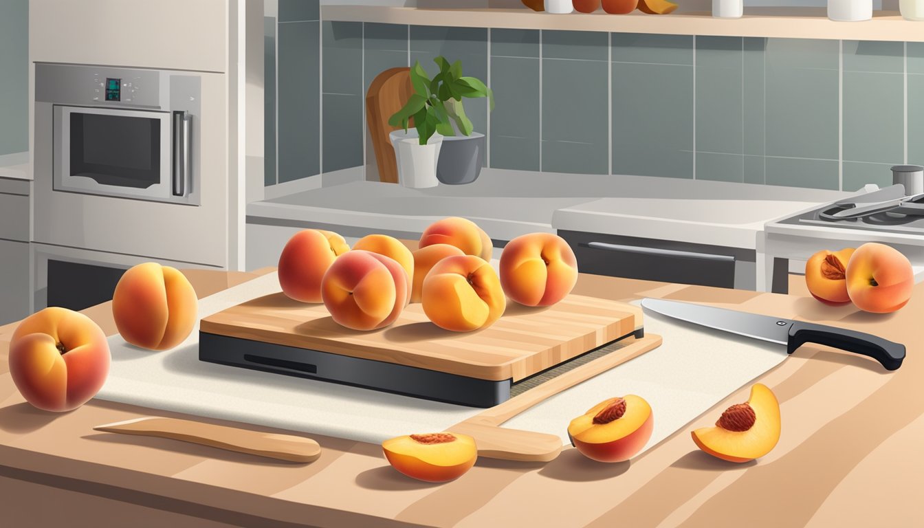 Fresh peaches, a cutting board, a knife, and a dehydrator laid out on a kitchen counter