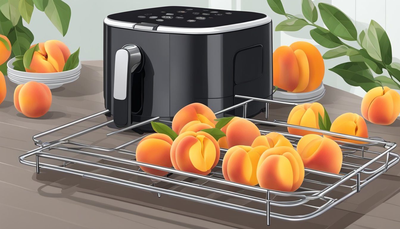 Fresh peaches arranged on a wire rack inside an air fryer, with the air fryer turned on and the peaches slowly dehydrating