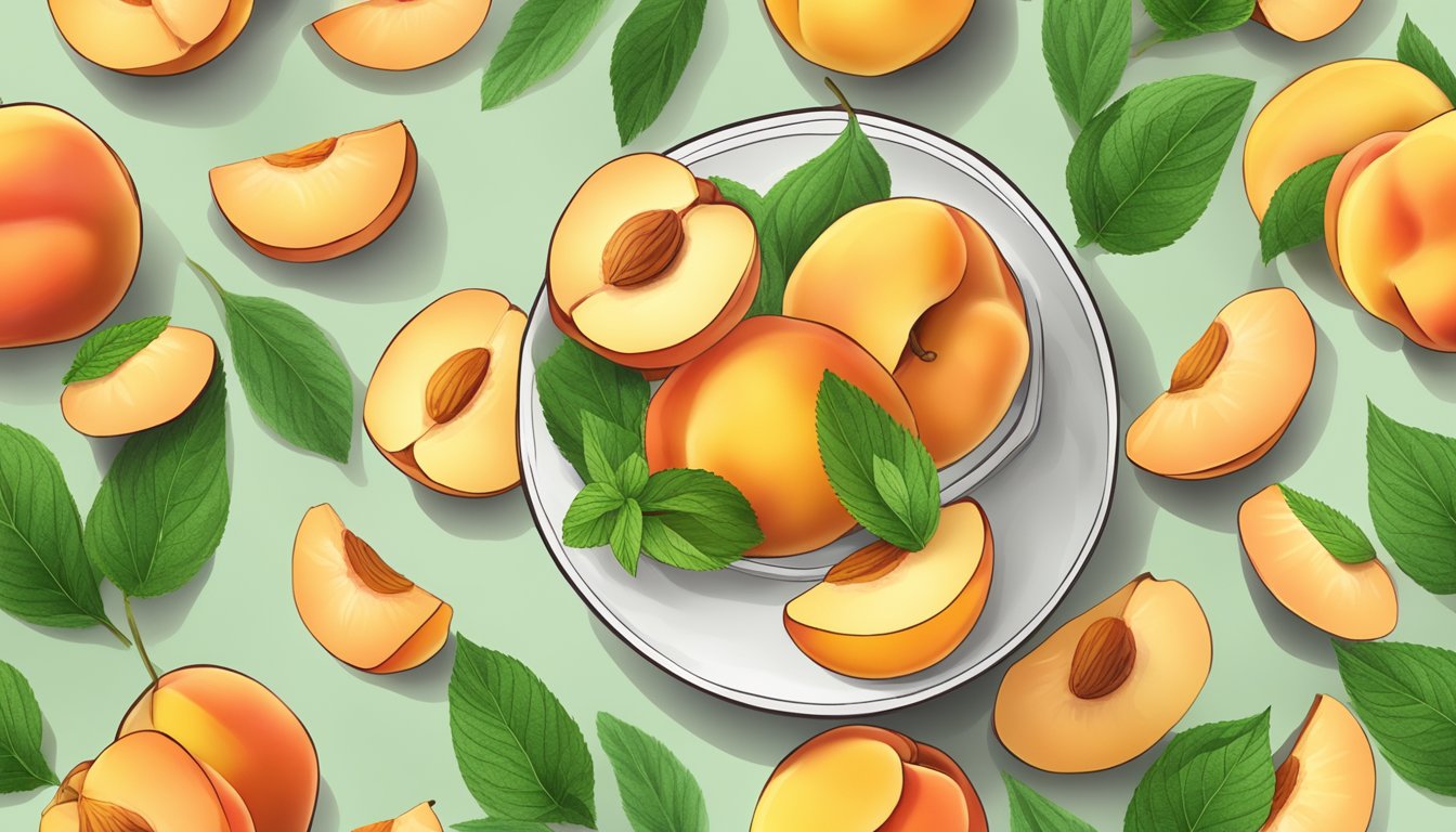 A bowl of dehydrated peach slices arranged on a wooden serving board, surrounded by fresh peach halves and mint leaves