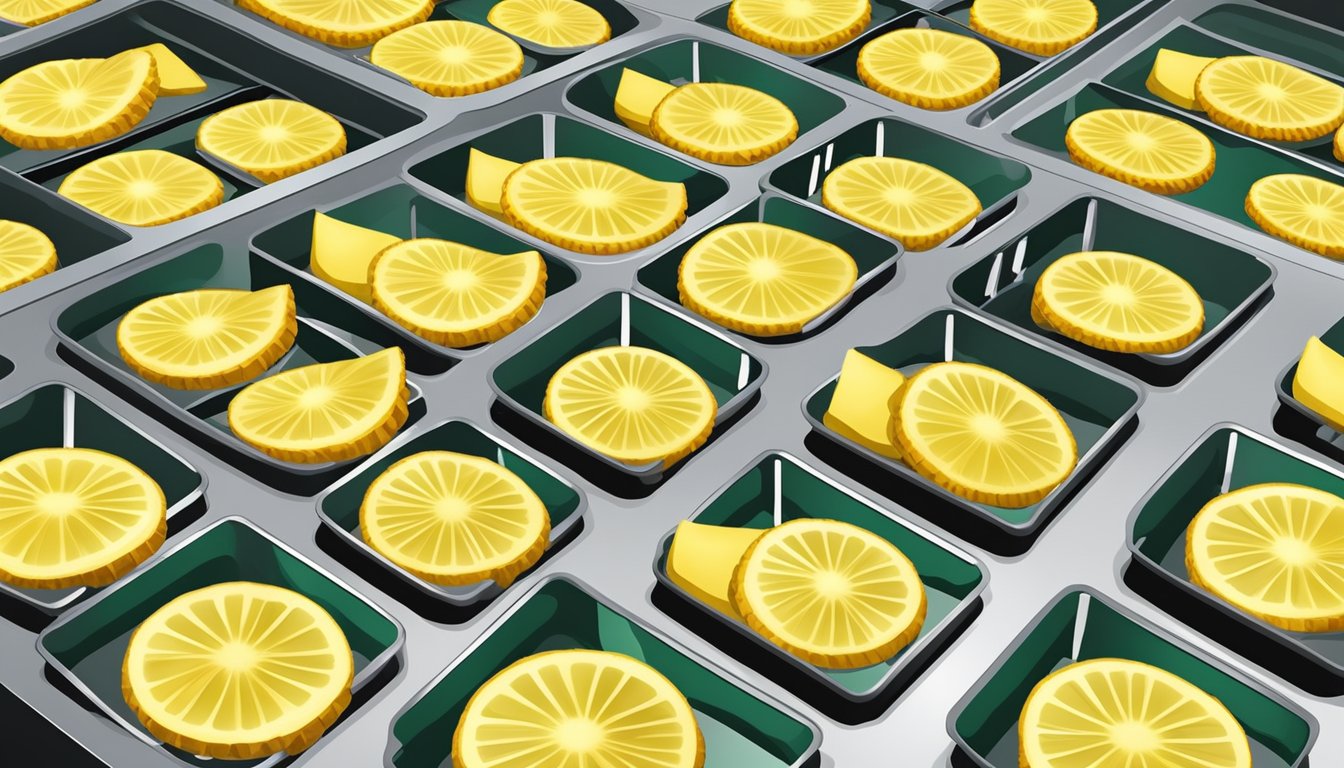 Fresh pineapple slices laid out on dehydrator trays, with the machine turned on and the warm air circulating around the fruit